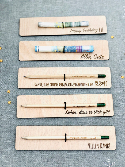 Holzkarte mit Bleistift oder als Geldgeschenk - als nachhaltiges Geschenk