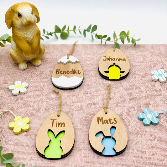 Geschenkanhänger Osterei aus Holz mit Kindernamen