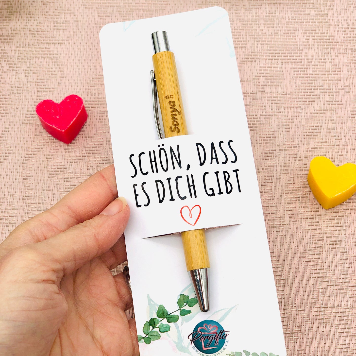 Bambus Kugelschreiber mit personalisierter Karte & Gravur - Nachhaltiges Geschen zum Danke sagen - Kuli mit Gravur kleines Dankeschön Firmen