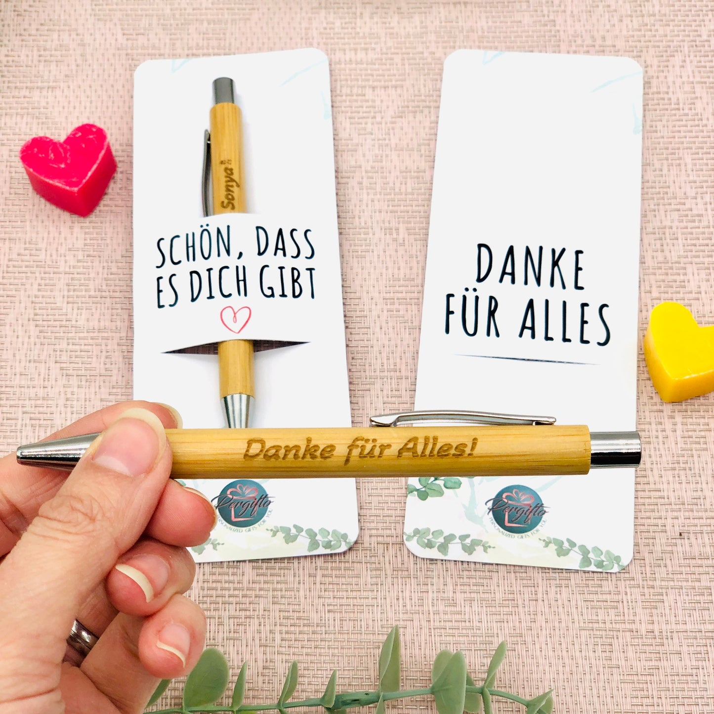 Bambus Kugelschreiber mit personalisierter Karte & Gravur - Nachhaltiges Geschen zum Danke sagen - Kuli mit Gravur kleines Dankeschön Firmen