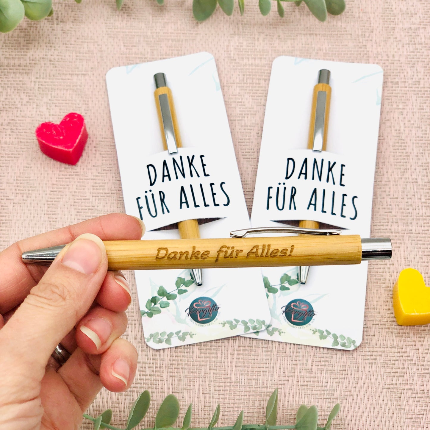 Bambus Kugelschreiber mit personalisierter Karte & Gravur - Nachhaltiges Geschen zum Danke sagen - Kuli mit Gravur kleines Dankeschön Firmen
