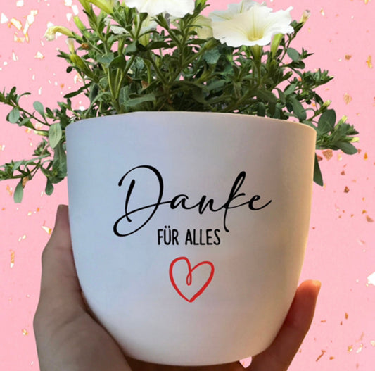 Blumentopf schwarz oder weiß "Danke für Alles" - Abschiedsgeschenk Kindergartenabschied - Schulabschluss - Lehrer oder Erzieher - personalisiert