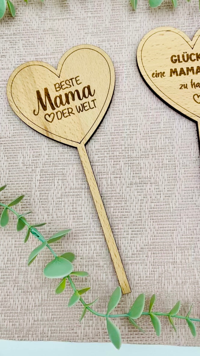 Blumenstecker Herz graviert - Muttertag Geschenk aus Holz - Deko Blumentopf - Blumenschild Muttertag - Geschenkidee Mama Oma personalisiert
