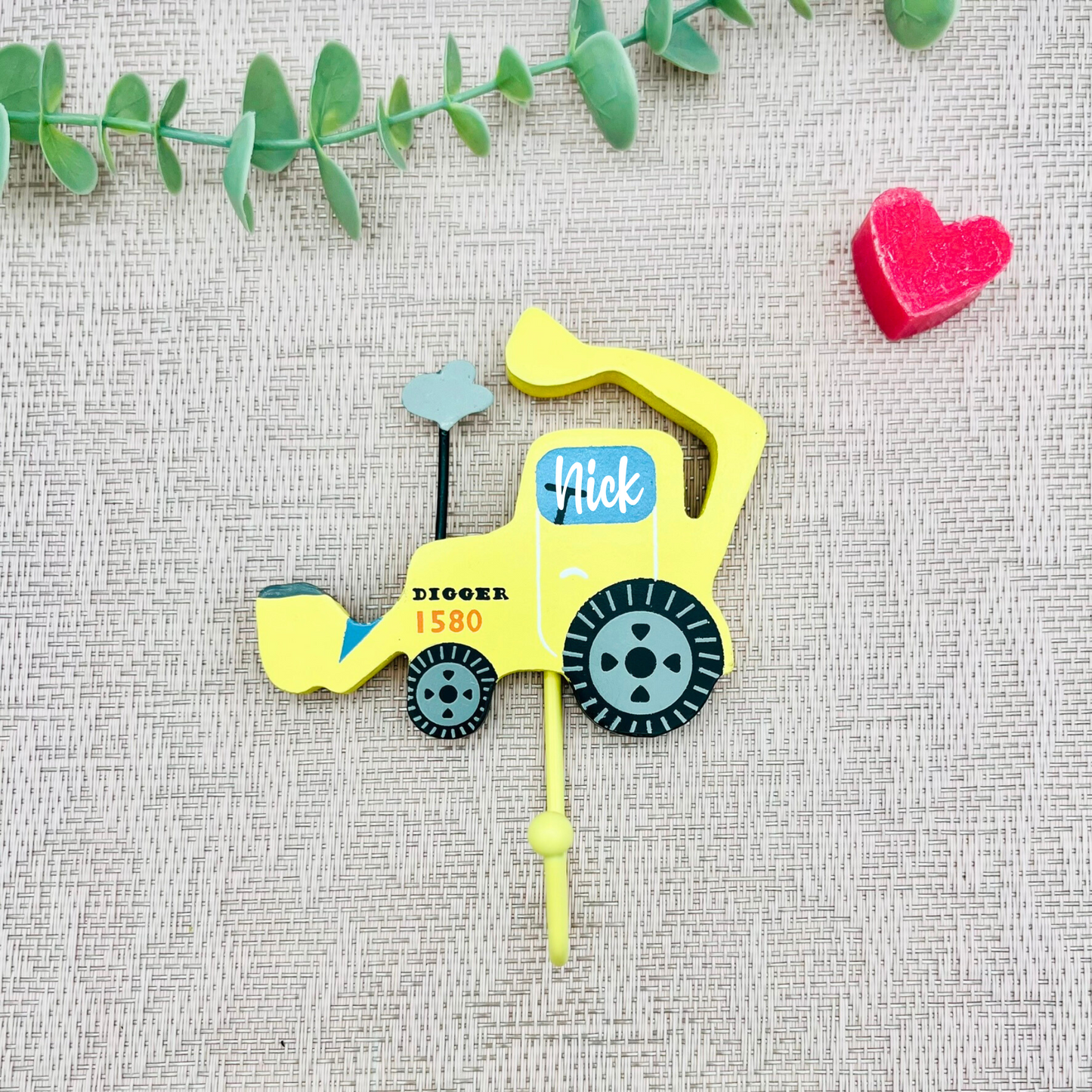 Personalisierte Wandhaken Kinder – Bagger - Traktor - Feuerwehr – Aufhänger Holz – Kinderzimmer Deko Geschenk Junge - Sass&Belle - Bagger