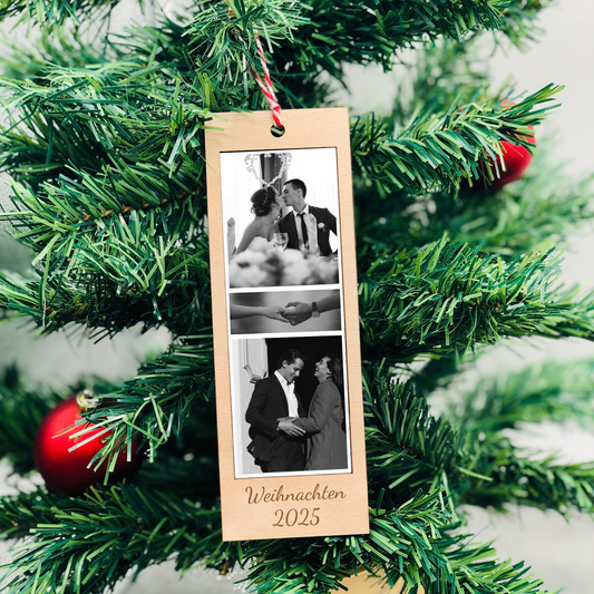 Weihnachtsbaum Fotoanhänger - Rahmen Mini Fotostreifen  - nachhaltige Christbaumkugel Holz für Fotos - Weihnachtsschmuck personalisiert