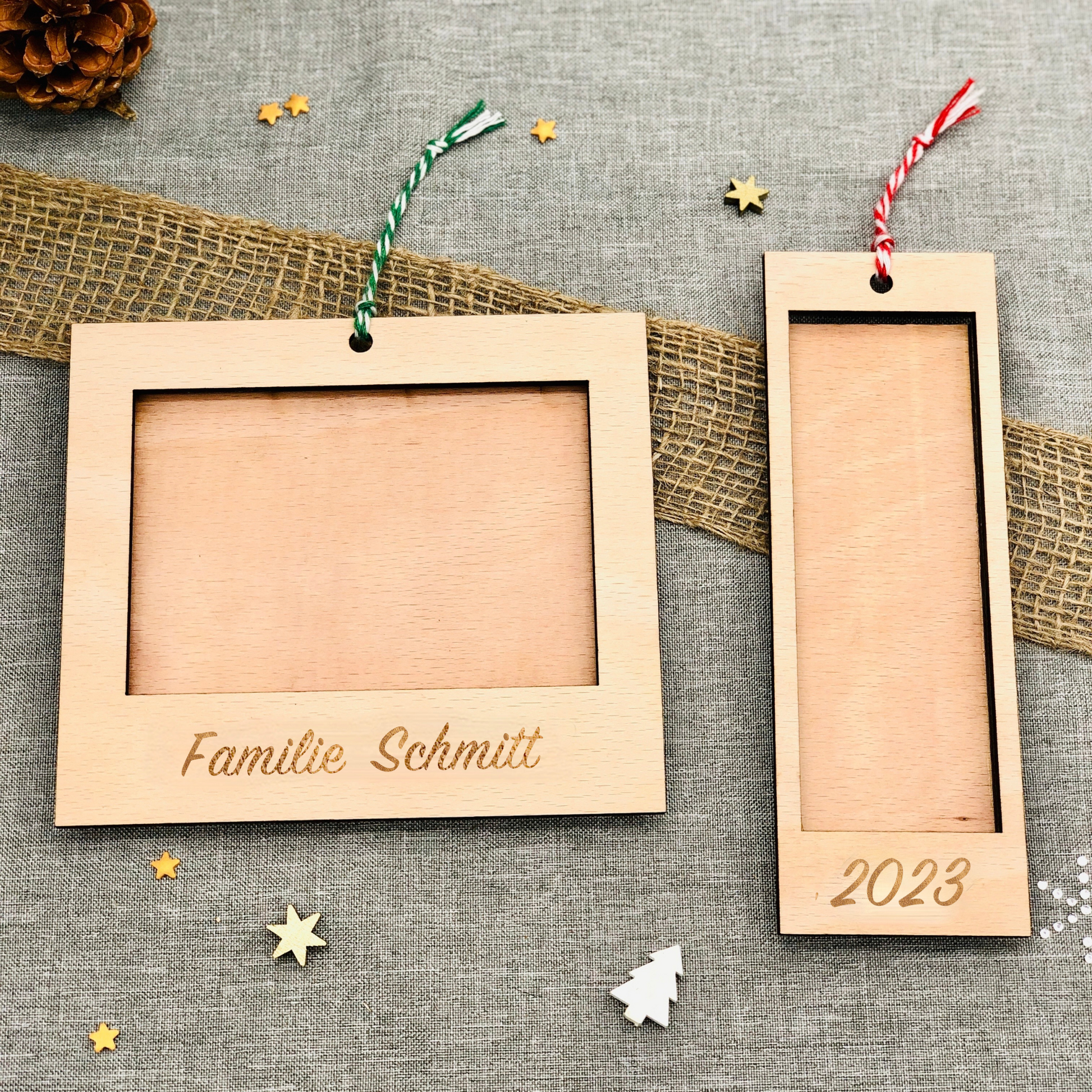  Rahmen Mini Fotostreifen  - nachhaltige Christbaumkugel Holz für Fotos - Weihnachtsschmuck personalisiert