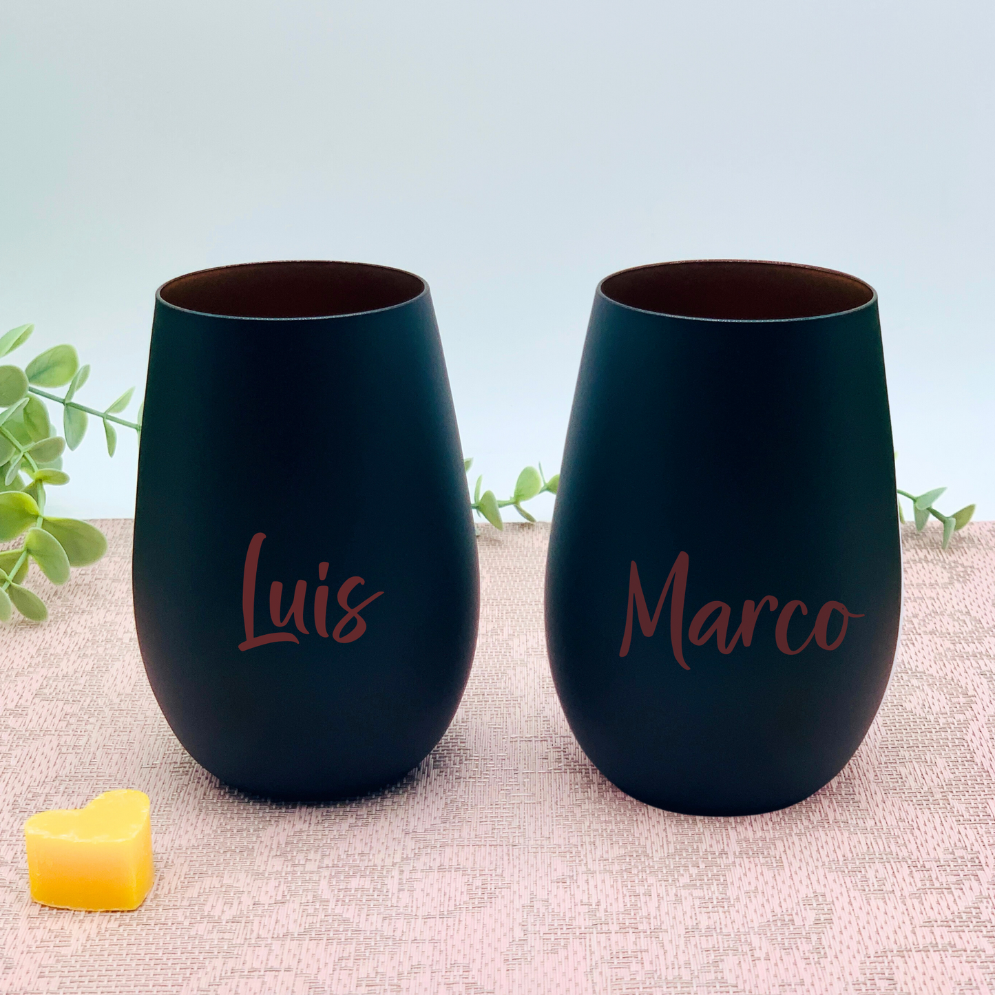 Trinkglas - Windlicht - mit Gravur personalisiert - Glas mit Namen - Hochzeitsgeschenk Mr & Mrs Set - Glas schwarz/kufper