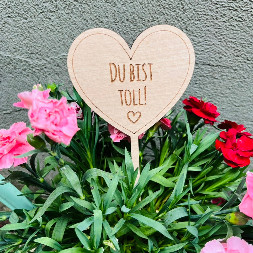 Blumenstecker Herz graviert - Muttertag Geschenk aus Holz - Deko Blumentopf - Blumenschild Muttertag - Geschenkidee Mama Oma personalisiert - Du bist toll!