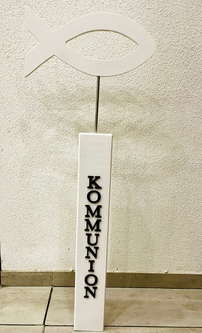 Kommunion Deko Fisch-Aufsteller Holz - Stele Fisch - Fisch Konfirmation Firmung Taufe - Fisch Aufsteller 