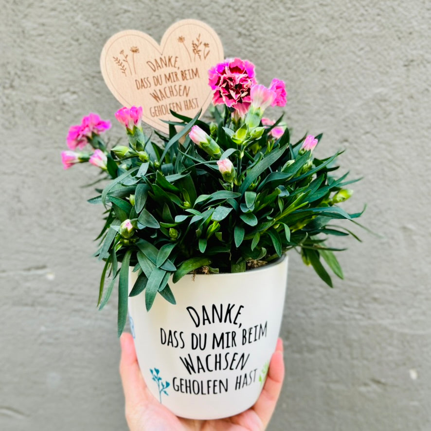 Personalisierter Blumenstecker Herz aus Holz – Abschiedsgeschenk für Erzieherin & Lehrer | Danke Geschenk Kita & Schule - Blumenschild mit Blumentopf