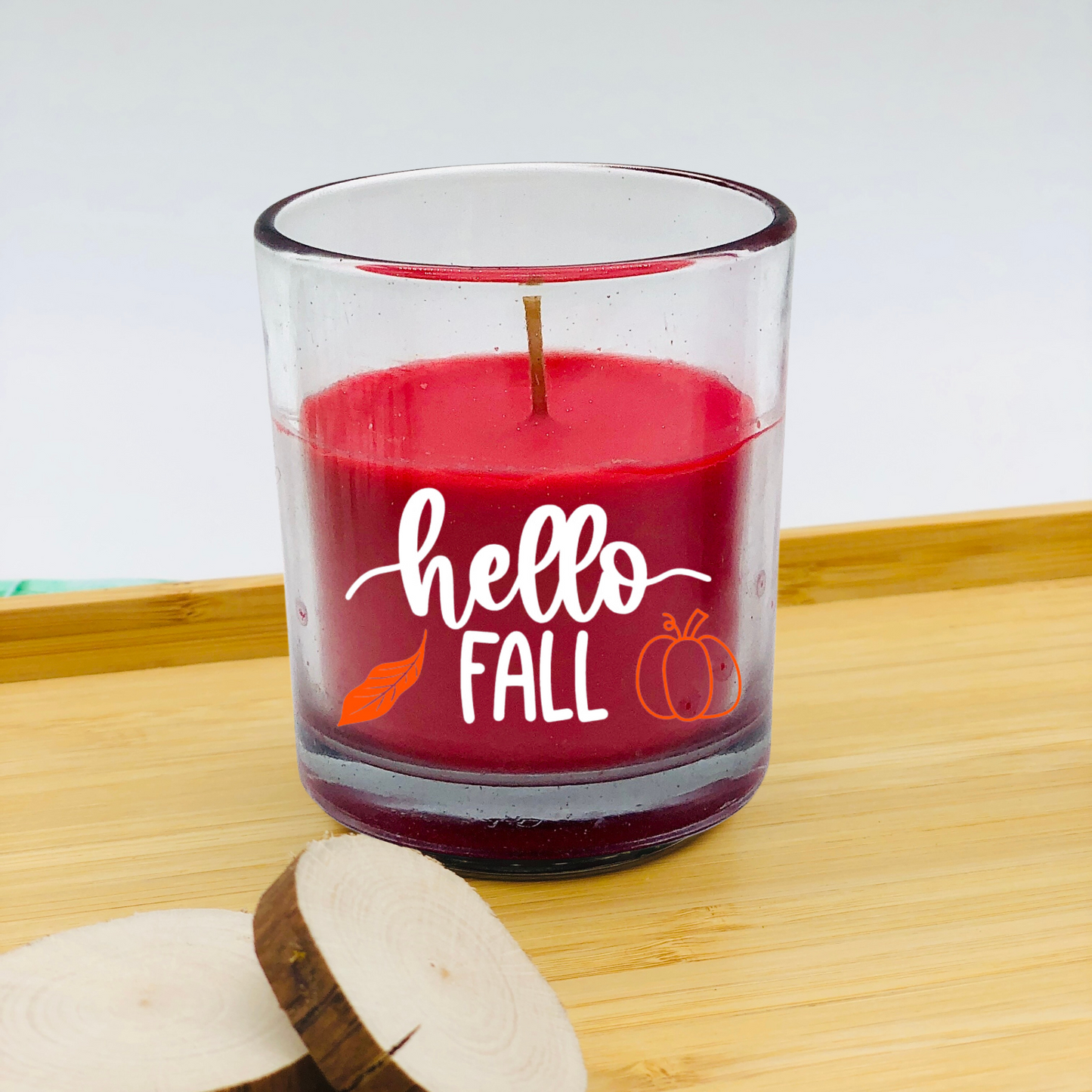 Duftkerze im Glas - Kerze mit herbstlichem Motiv - Geschenkidee Kerze  weiß oder rot- Hallo Herbst - gemütliche Herbstdeko - Hello Fall