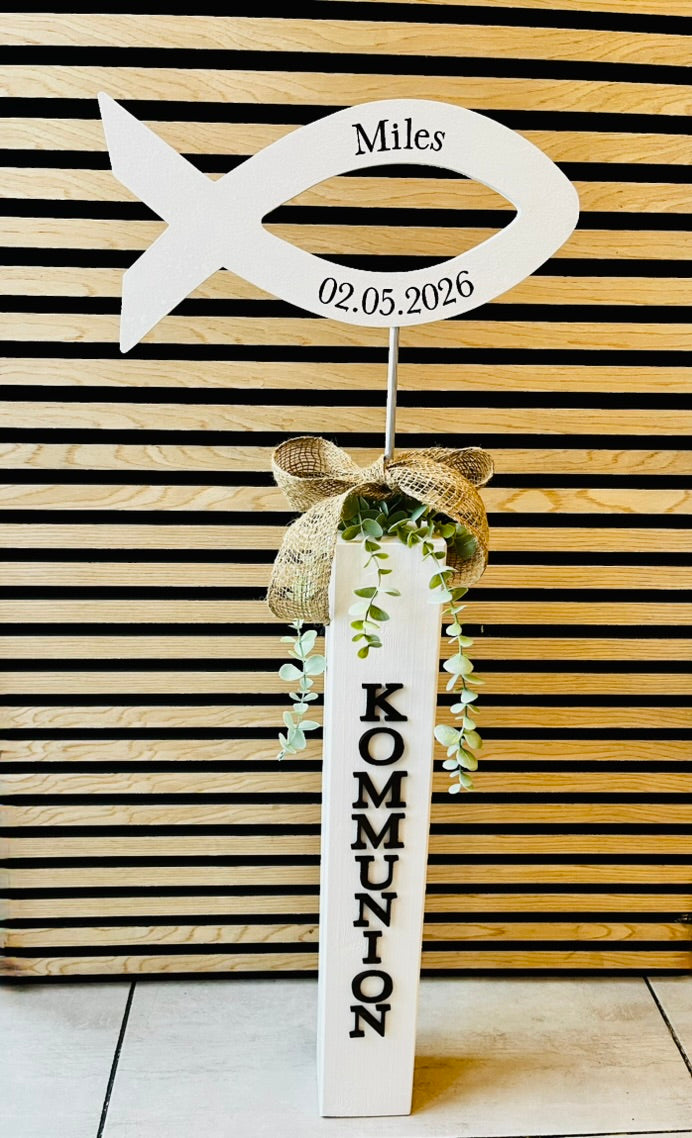 Kommunion Deko Fisch-Aufsteller Holz - Stele Fisch - Fisch Konfirmation Firmung Taufe - Fisch Aufsteller Tür - handgefertigt 