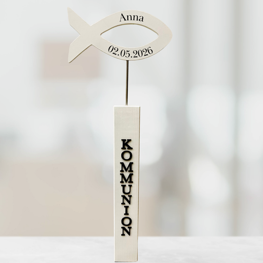 Kommunion Deko Fisch-Aufsteller Holz - Stele Fisch - handgefertigt personalisiert