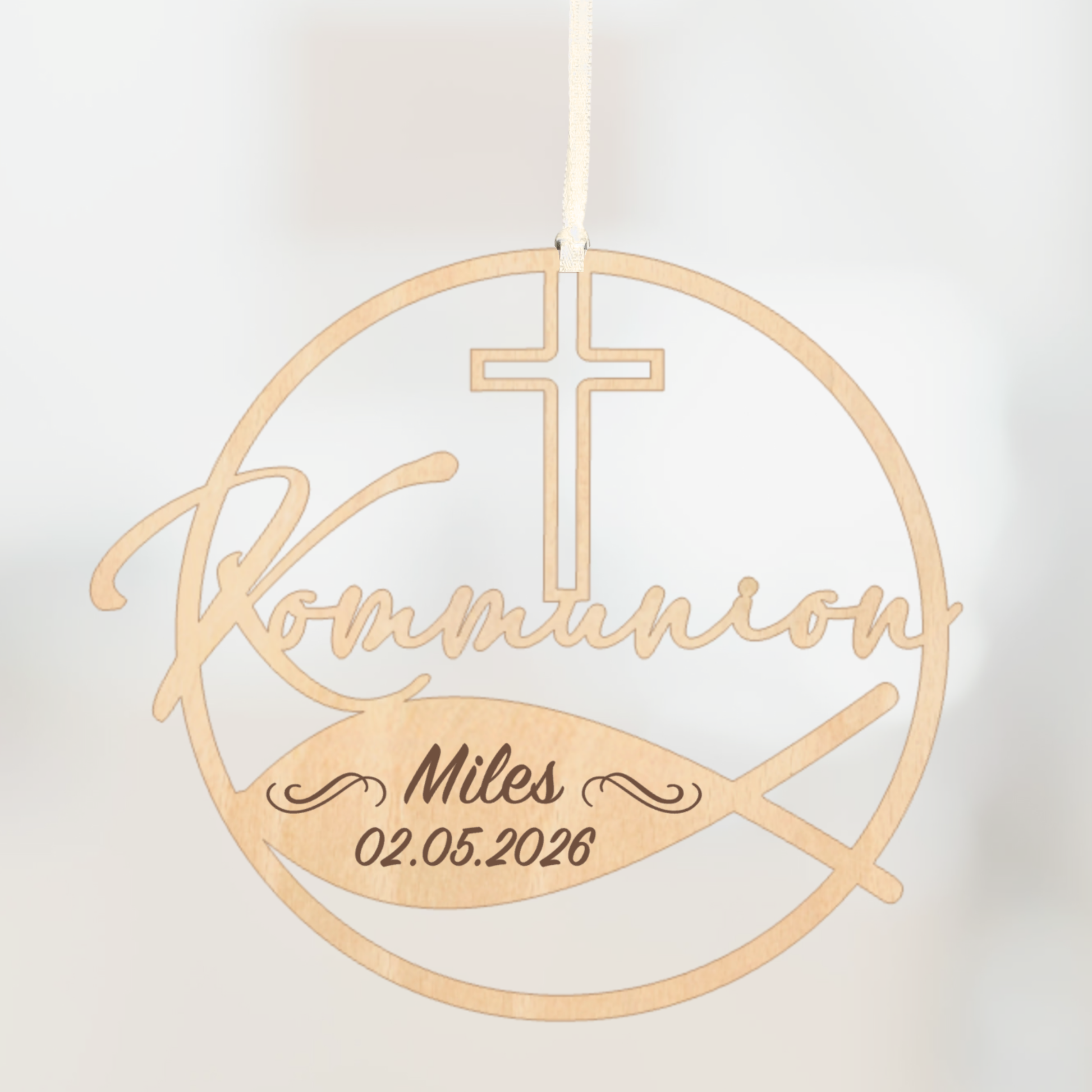 Kommunionsdeko Türkranz mit Kreuz und Fischsymbol - personalisiert - Holzkranz