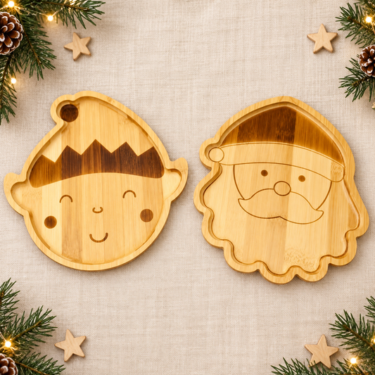Geschenk Weihnachten Kleinkind - Nikolausteller mit Name | Kindergeschirr Holz | Personalisiertes Geschenk Baby 1. Weihnachten - Nikolaus und Elf