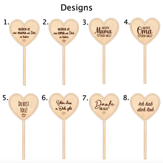 Blumenstecker Herz graviert - Muttertag Geschenk aus Holz - Deko Blumentopf - Blumenschild Muttertag - Geschenkidee Mama Oma personalisiert - Designs
