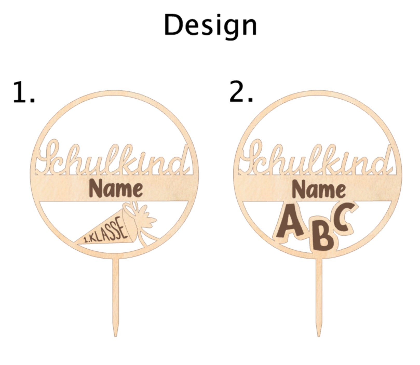 Holzstecker Einschulung personalisiert | Cake Topper Schulkind 2025 | Blumenstecker 1.Klasse | Geschenk zur Einschulung Holz | Tortenstecker - Design 1-2
