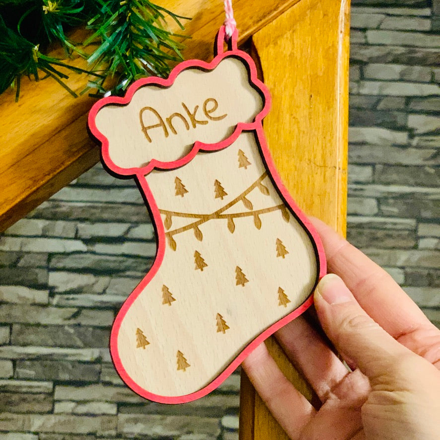 Nikolaus Strumpf Holzornament - Holz Socke Weihnachten - Weihnachtsstocking Nikolaus - Christbaumschmuck Nikolausstrumpf - personalisiert