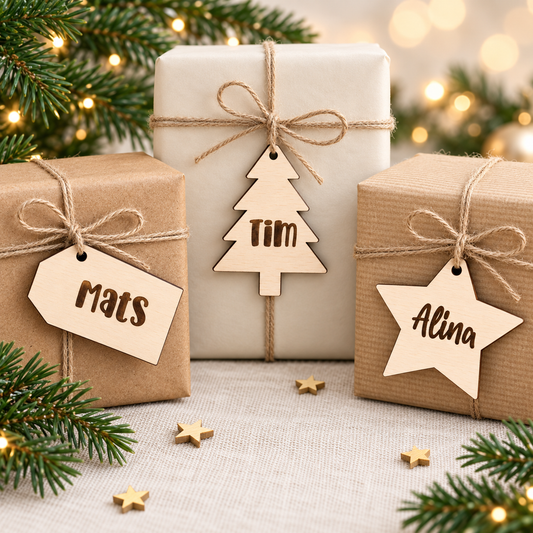 Drei Weihnachtsgeschenke mit personalisierten Holzanhängern