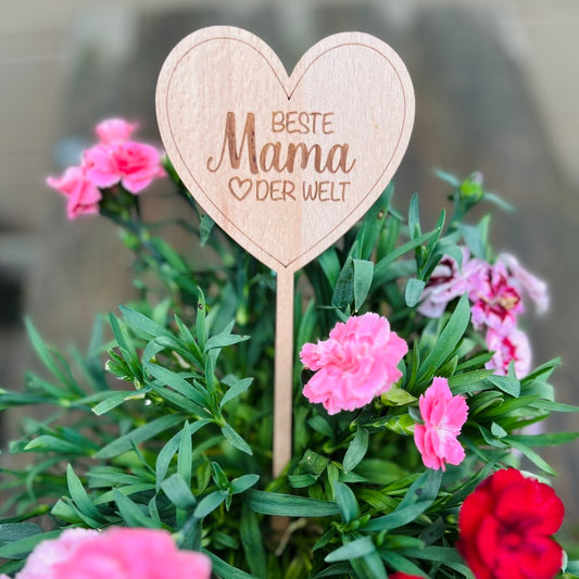 Blumenstecker Herz graviert - Muttertag Geschenk aus Holz - Deko Blumentopf - Blumenschild Muttertag - Geschenkidee Mama Oma personalisiert