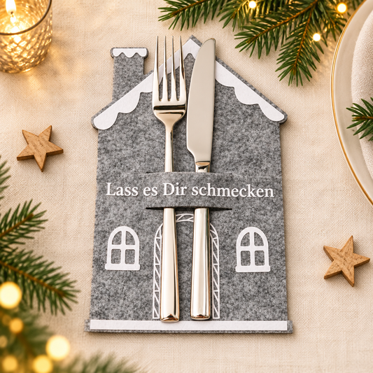 Hausförmiger Weihnachts-Besteckhalter ausg rauem Filz