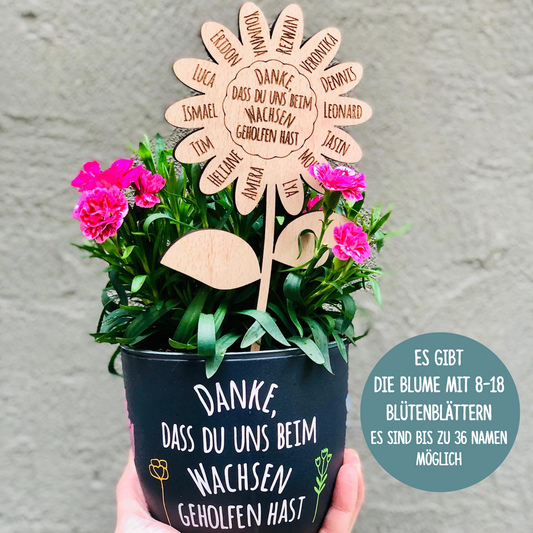 Blumenstecker aus Holz Abschiedsgeschenk Kita / Grundschulabschluss - Danke, dass du uns beim Wachsen geholfen hast - mit Kindernamen