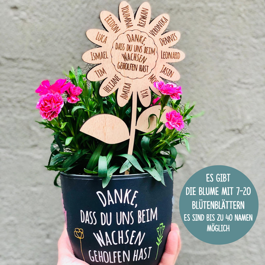 Blumenstecker aus Holz Abschiedsgeschenk Kita / Grundschulabschluss - Danke, dass du uns beim Wachsen geholfen hast - mit Kindernamen