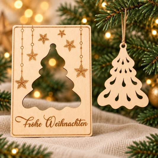 Holzornament und Weihnachtskarte am Tannenzweig