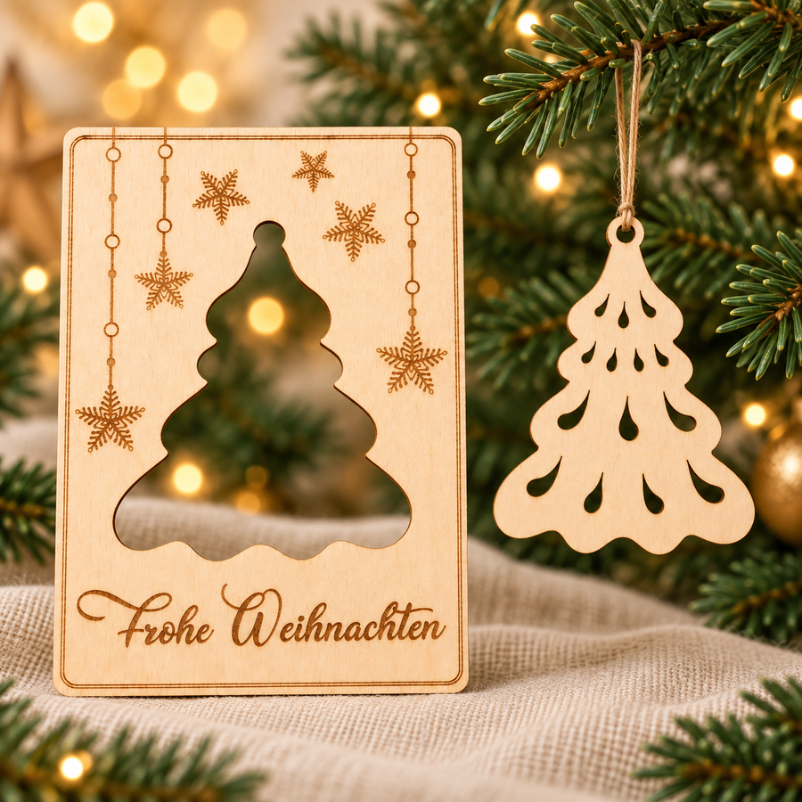 Holzornament und Weihnachtskarte am Tannenzweig