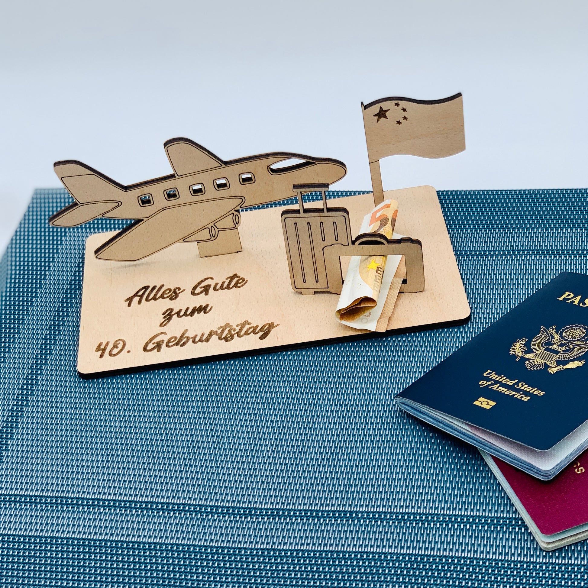 Holzkarte Geldgeschenk Reiseliebhaber - Reisegeschenk 3D Holzgrußkarte - Wunscherfüller Flugzeug