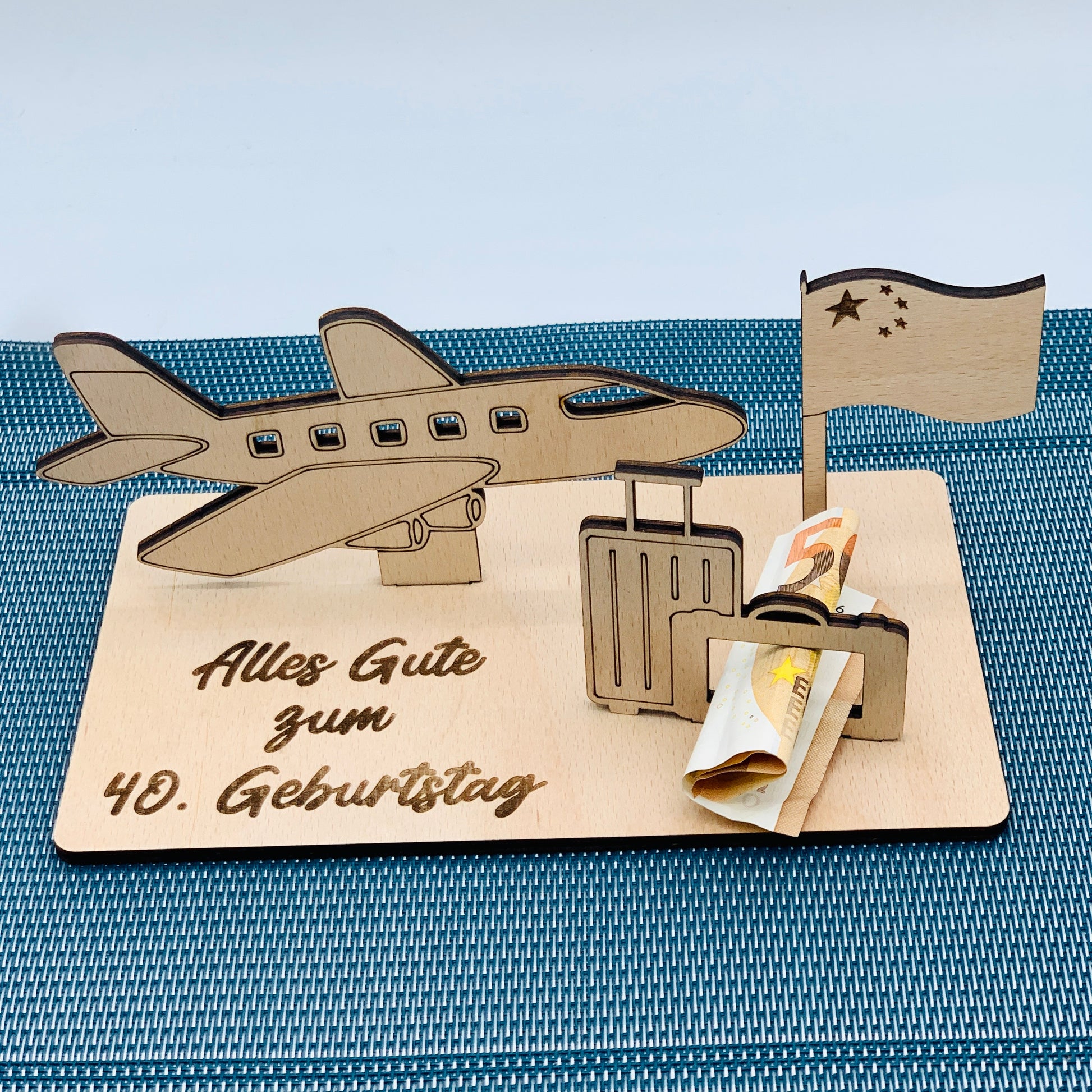 3D Holzkarte Geldgeschenk Reiseliebhaber - Reisegeschenk 3D Holzgrußkarte - Wunscherfüller Flugzeug - personalisiert