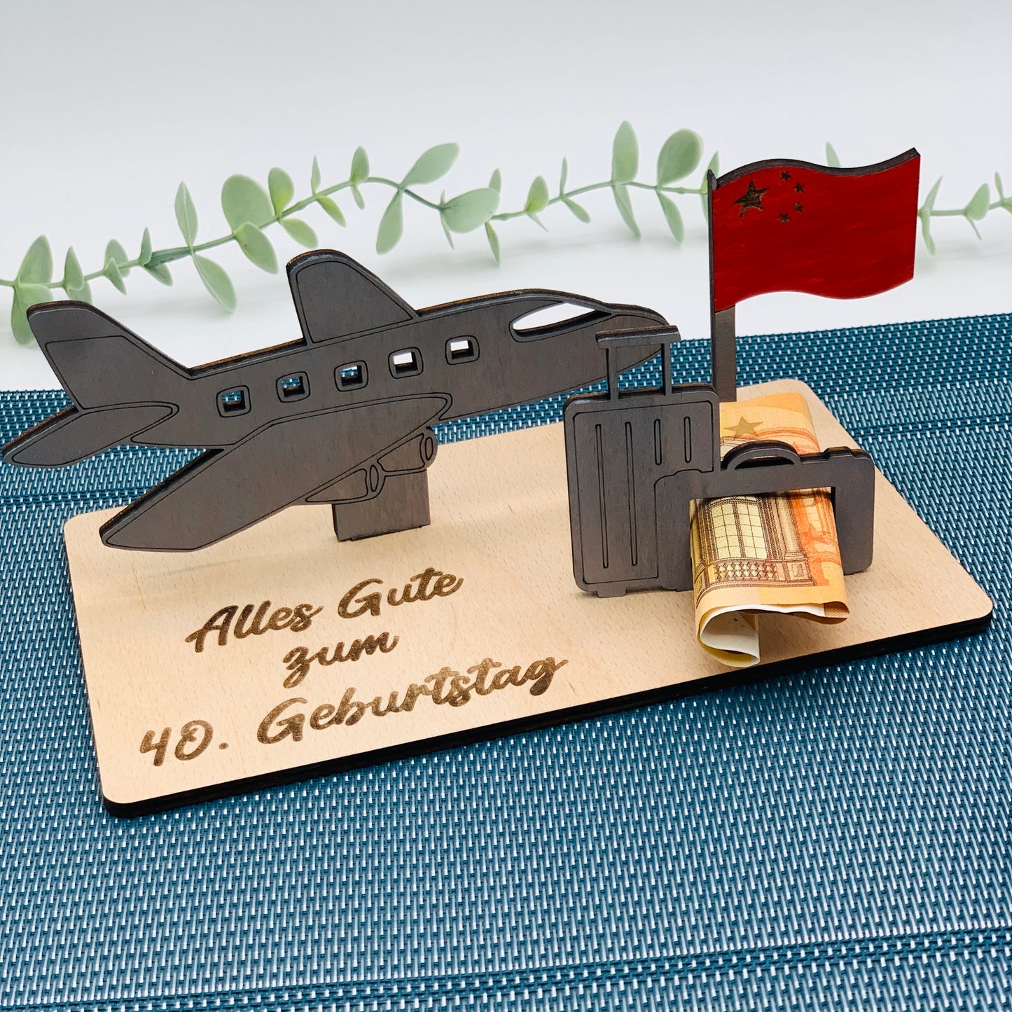 Holzgrußkarte Geldgeschenk Reiseliebhaber - Reisegeschenk 3D Holzgrußkarte - Wunscherfüller Flugzeug - personalisiert