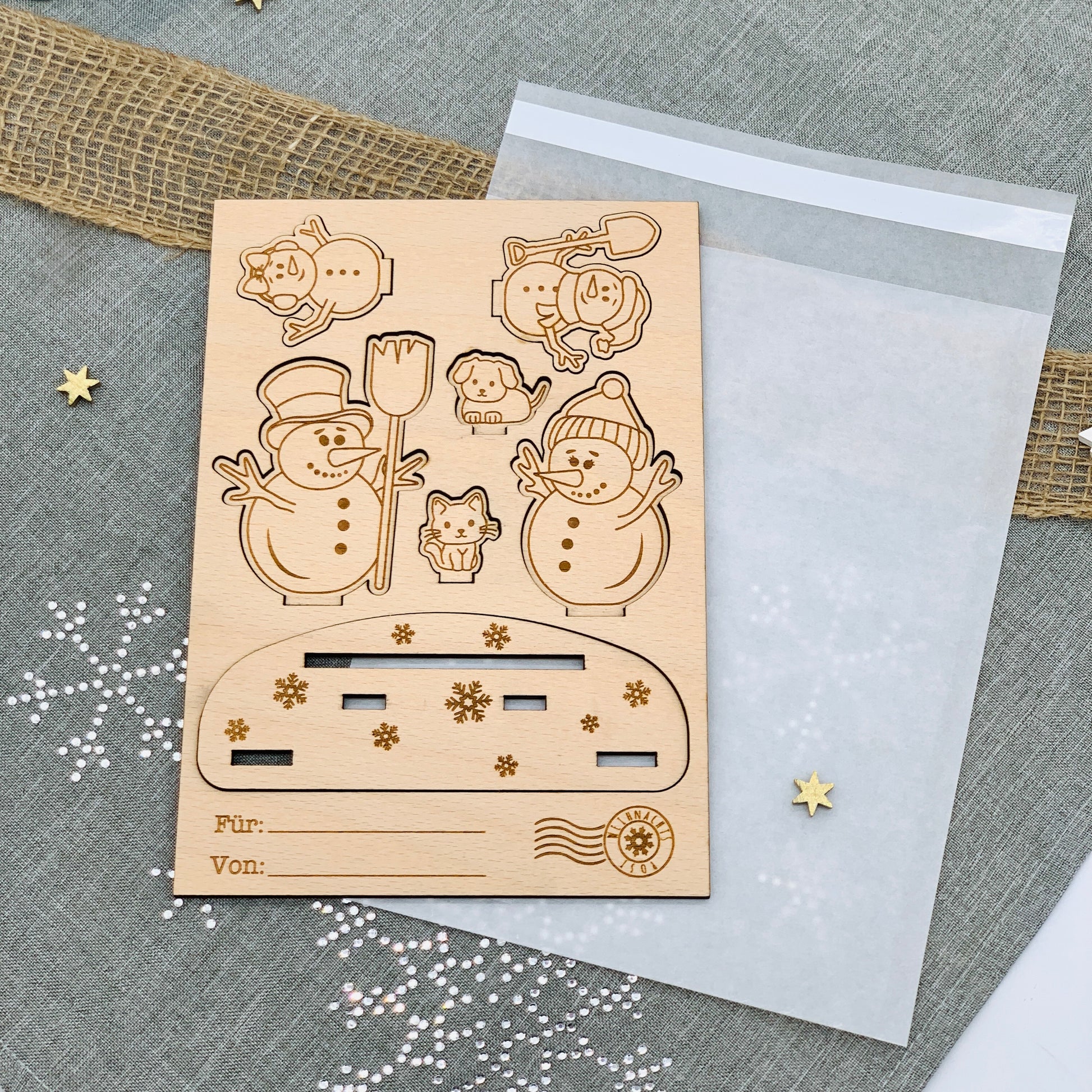 Grußkarte Weihnachten mit 3D Aufsteller aus Holz - kleines Weihnachtsgeschenk - Weihnachtspost - Weihnachtsgrüße Holz - Wichtelgeschenk - Schneemannfamilie