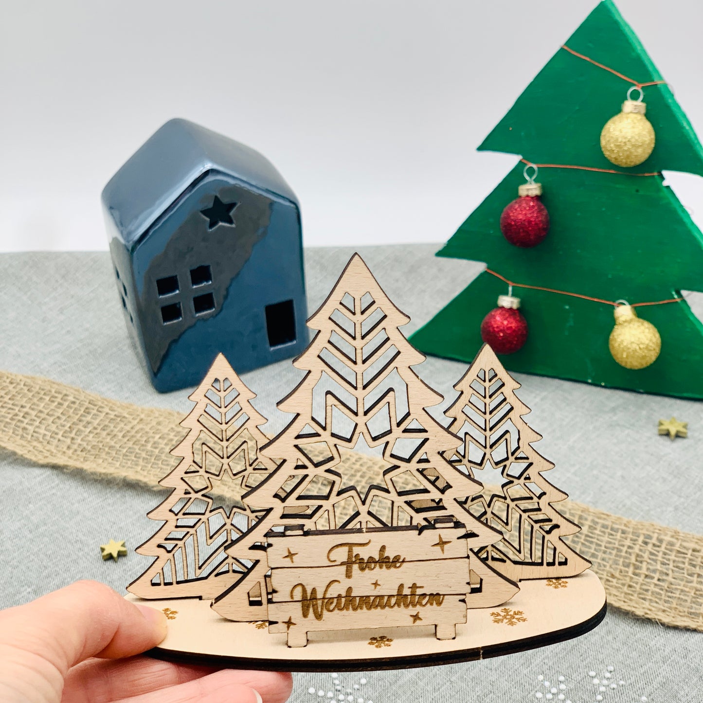 Grußkarte Weihnachten mit 3D Aufsteller aus Holz - kleines Weihnachtsgeschenk - Weihnachtspost - Weihnachtsgrüße Holz - Wichtelgeschenk - Weihnachtsbäume