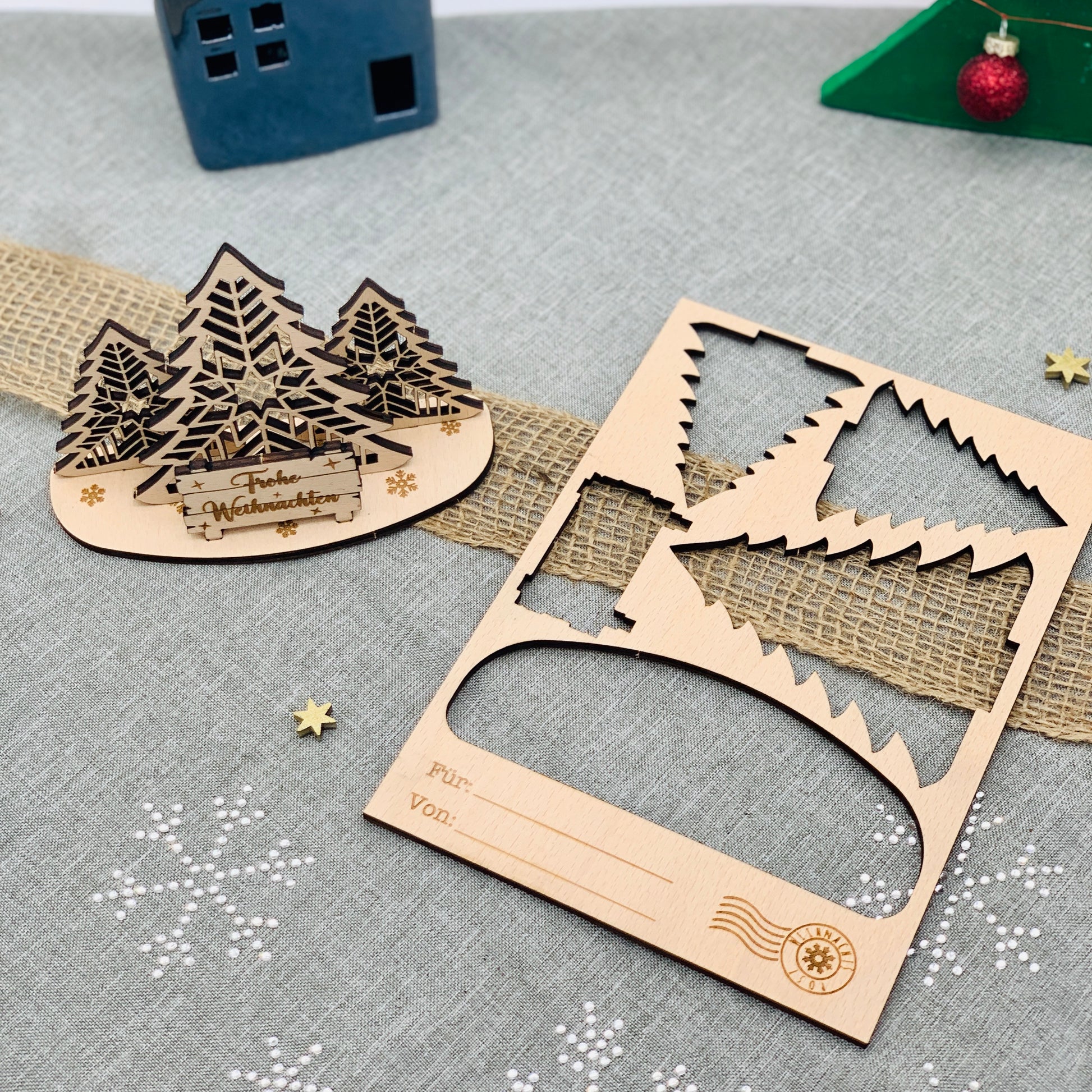 Grußkarte Weihnachten mit 3D Aufsteller aus Holz - kleines Weihnachtsgeschenk - Weihnachtspost - Weihnachtsgrüße Holz - Wichtelgeschenk - Tannenbäume