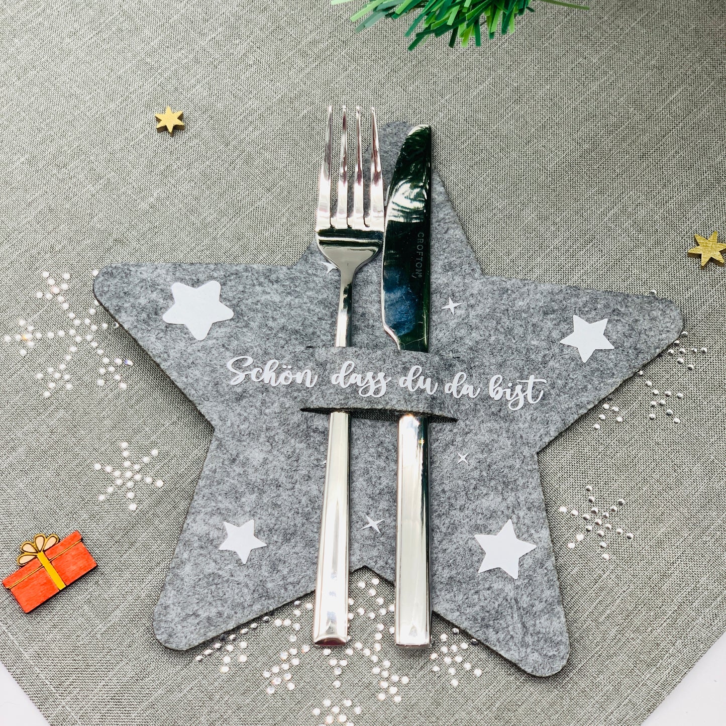 Besteckhalter Weihnachten Filz - Platzkarte Weihnachten - Namensschild Tischdeko Weihnachten -  Bestecktasche Set - personalisiert