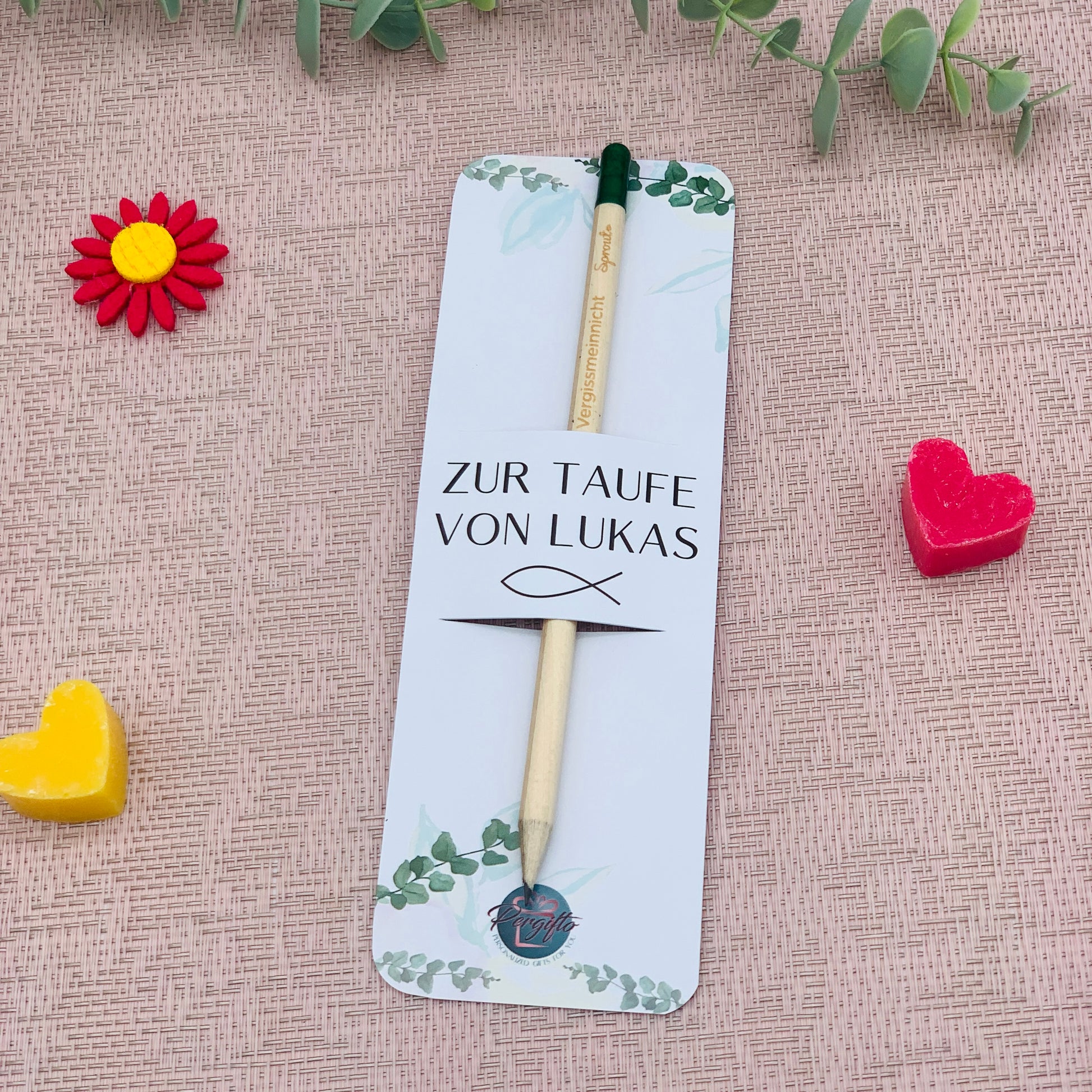 Holzstift mit Blumensamen und personalisierter Karte - Gastgeschenk Taufe Kommunion Firmung - nachhaltiges Geschenk - Bleistift mit Gravur personalisiert