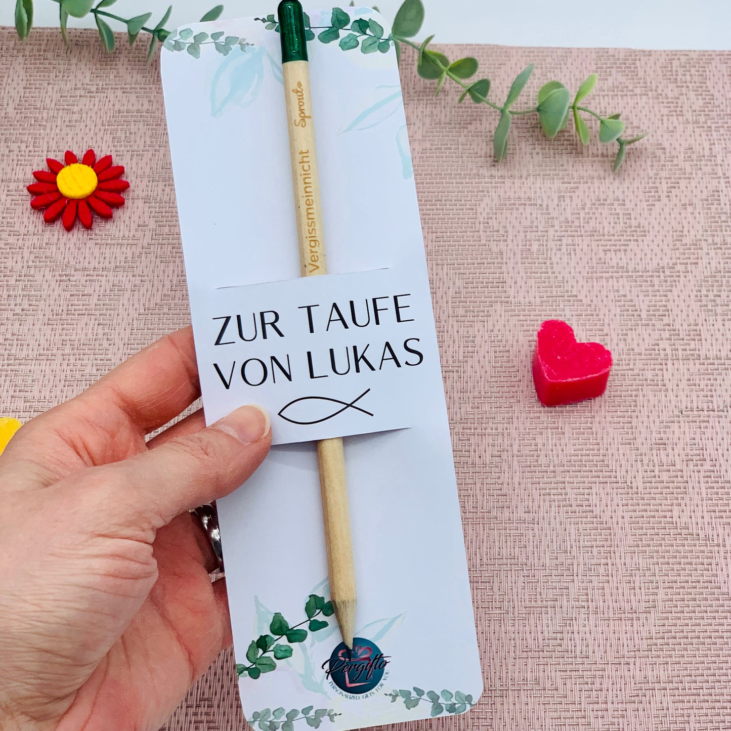 Holzstift mit personalisierter Karte - Gastgeschenk Taufe Kommunion Firmung - nachhaltiges Geschenk - Bleistift mit Gravur personalisiert