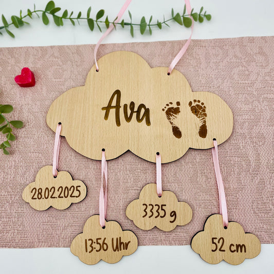 Personalisiertes Geburtsschild Wolke mit Babyfüßchen - Geschenk Geburt