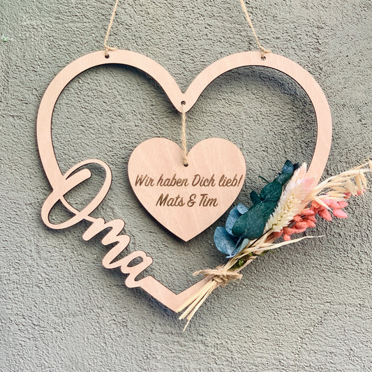 Holzschild Herz Muttertagsgeschenk - Geschenk Herz Mama oder Oma - Holzschild Oma - Kinder - Enkel - Blumen - personalisiert