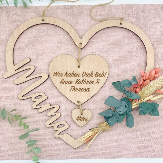 Holzschild Herz Muttertagsgeschenk - Geschenk Herz Mama oder Oma - Holzschild Mama - Schild Oma - Kinder - Enkel - Blumen - personalisiert