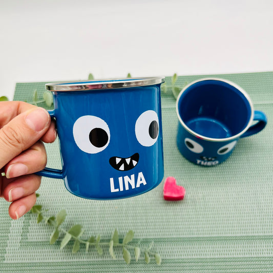 Personalisierte Monster Emaille Tasse | Kinder Tasse mit Namen | Camping Tasse | Geschenkidee für Kinder - Tasse Schulanfang - Sass&Belle 