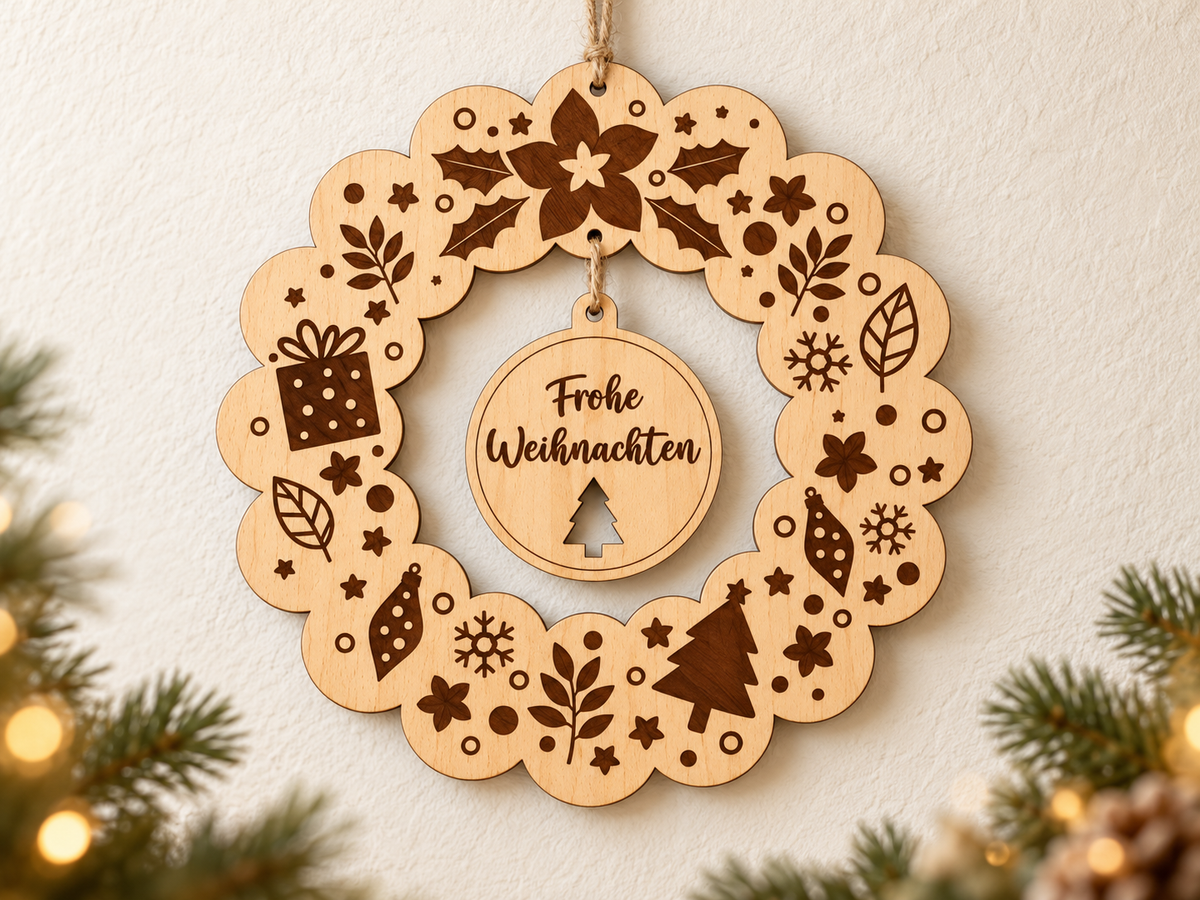Weihnachtskranz aus Buchensperrholz – mit Wunschtext, 22 cm personalisiert