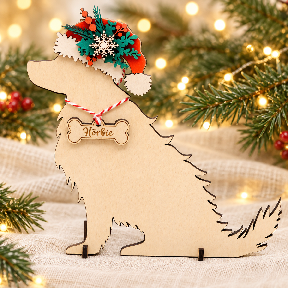 Weihnachtsdeko Nikolaushund mit Namen aus Holz - nachhaltige Weihnachtsdeko für Hundebesitzer - Tischdeko Hund Silhouette personalisiert