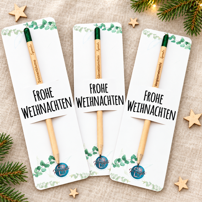 Personalisierter Samenbleistift mit Weihnachtskarte und Blumensamen