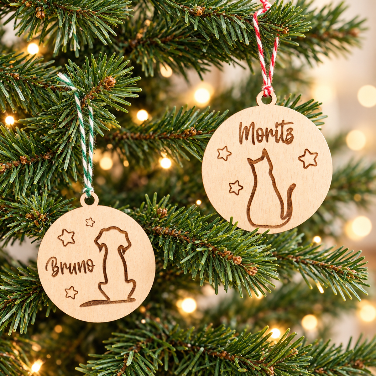 Weihnachtsornament Katze und Hund mit Namen in Holz