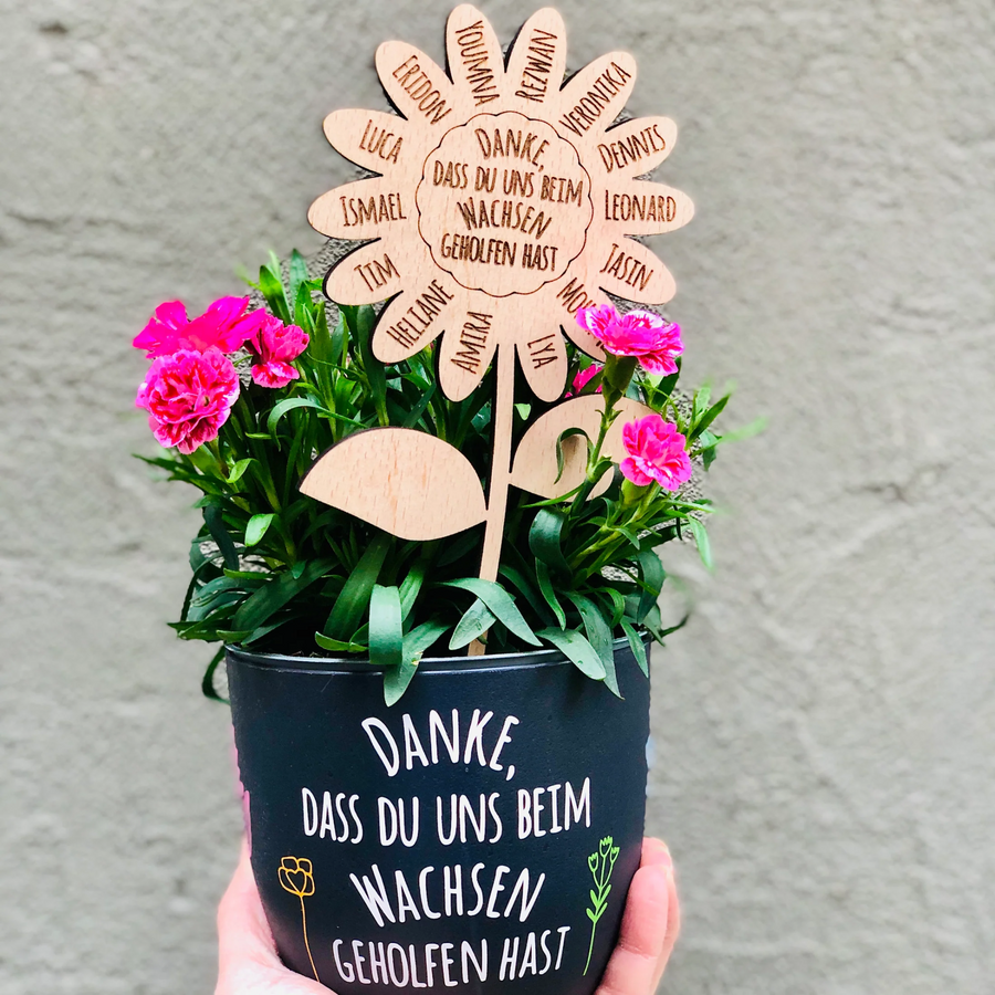 Personalisierte Holzblume im Blumentopf