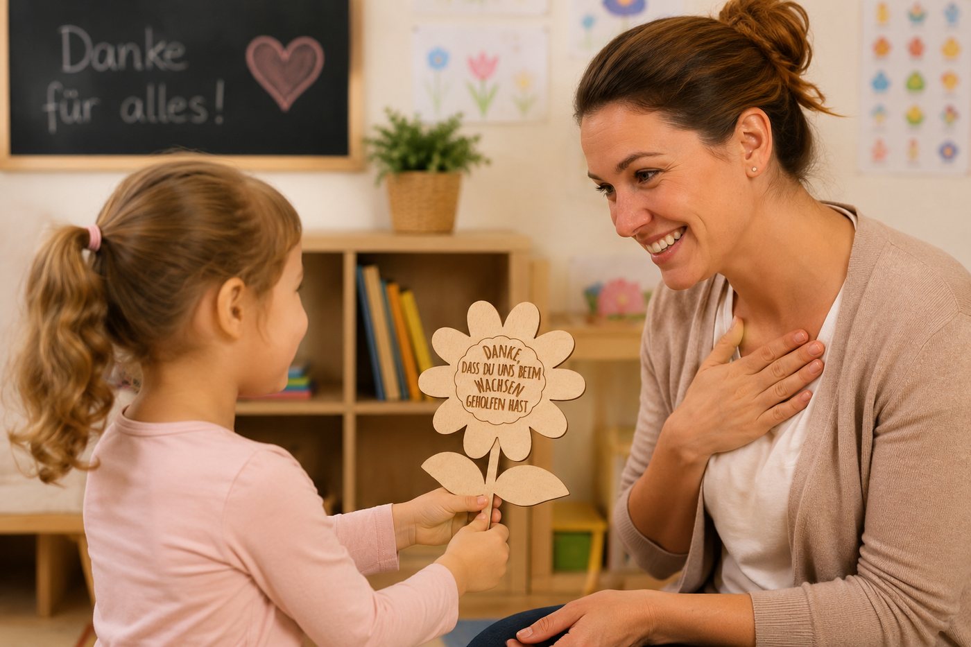 Ein Kind überreicht seiner Erzieherin eine personalisierte Holzblume