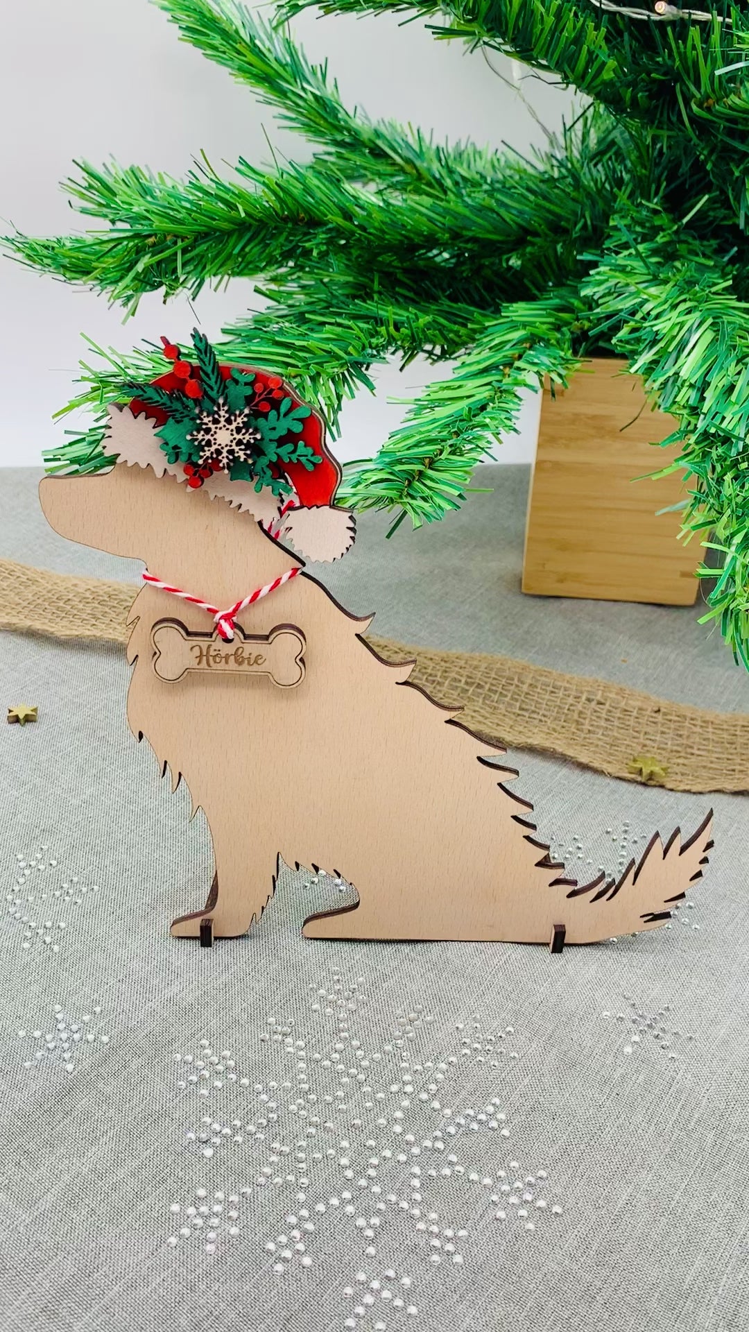 Großer Weihnachtsstrumpf Mit Hundemotiv – Grün-schwarz Kariert, 27x40 Cm, Aus Baumwolle & Jute