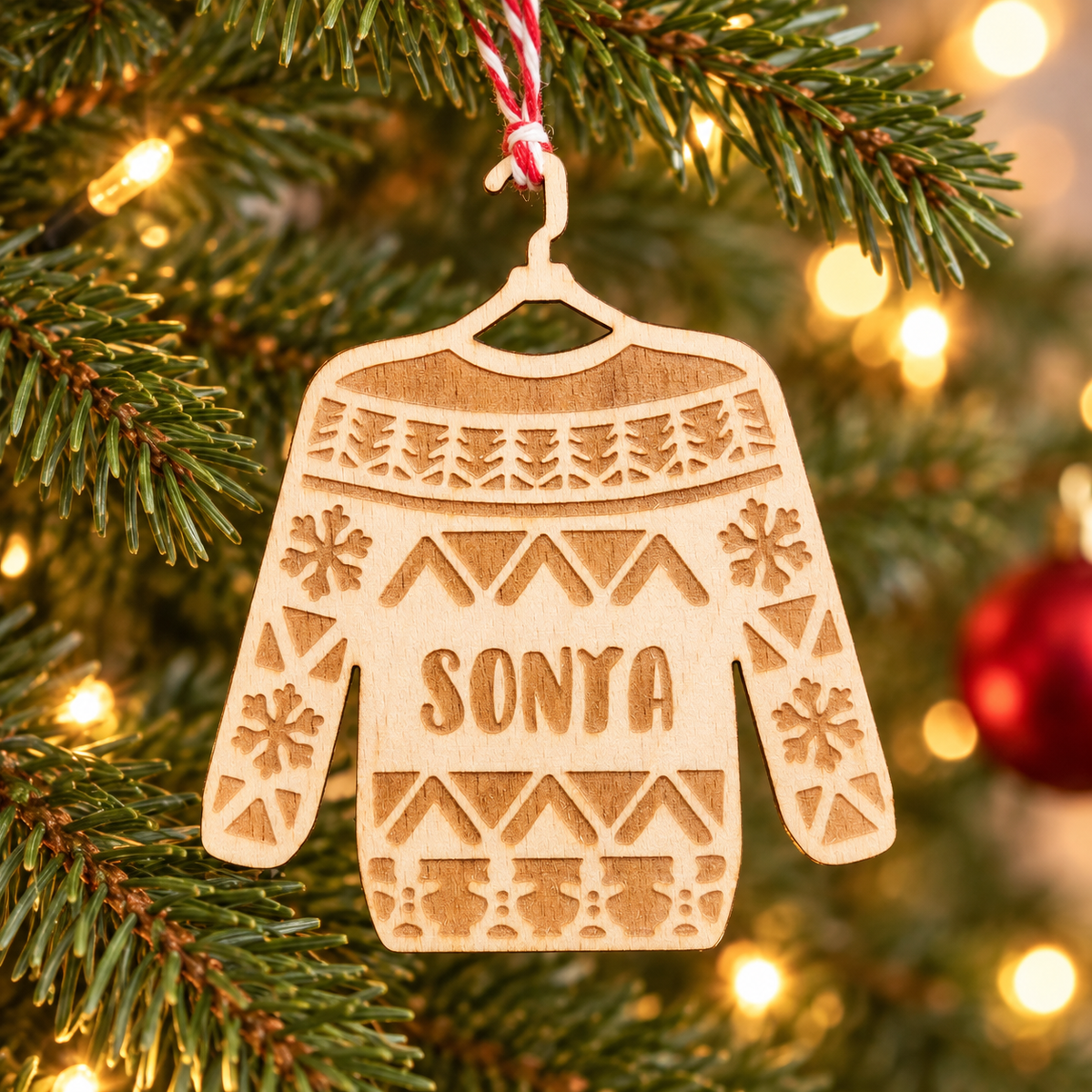 Ugly-Sweater-Anhänger aus Holz mit Name Sonya am Weihnachtsbaum